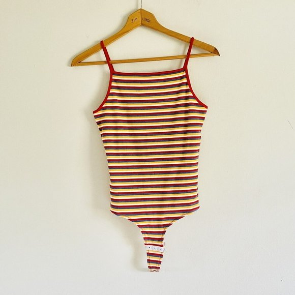 Madewell Ribbed Spaghetti-Strap Thong Bodysuit in Rainbow Stripe Medium - Picture 3 of 7